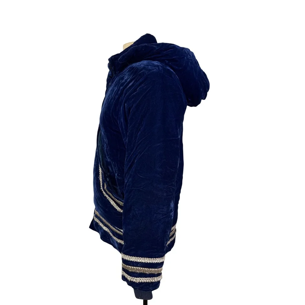 Vintage Royal Blue Velvet Puffer Jacket Hood Metallic Silver Trim, Parka, Medium